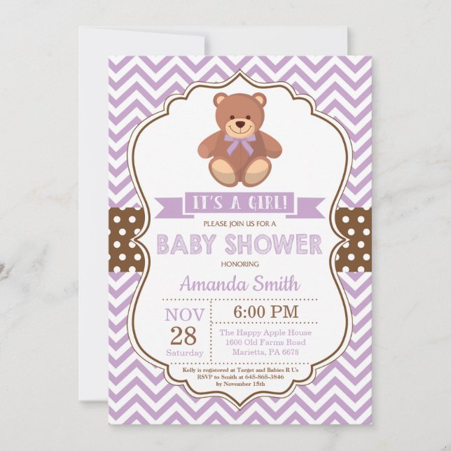 Convites Teddy Bear Girl Chá de fraldas Purple Chevron (Frente)