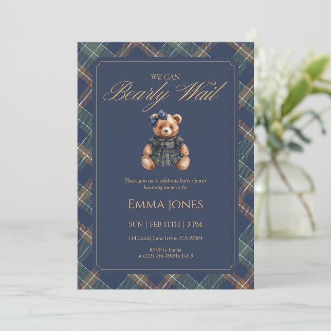Convites Teddy Bear Girl Tartan Plaid Classic Baby Shower (Em pé/Frente)
