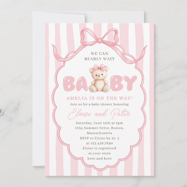 Convites Teddy Bear Girls Pink Bow Baby Shower (Frente)