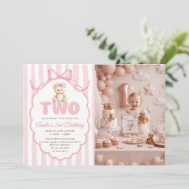 Convites Teddy Bear Girls Pink Bow Stripes 2nd Birthday 
