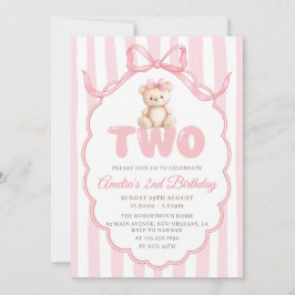 Convites Teddy Bear Girls Pink Bow Stripes 2nd Birthday