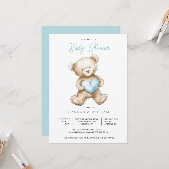 Convites Teddy Bear Heart Boy Blue Baby Shower  (Frente/Verso In Situ)