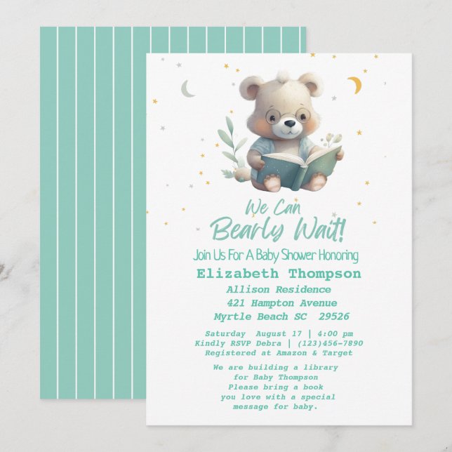 Convites Teddy Bear Hot Air Balloon Traga um Livro Bebê (Frente/Verso)