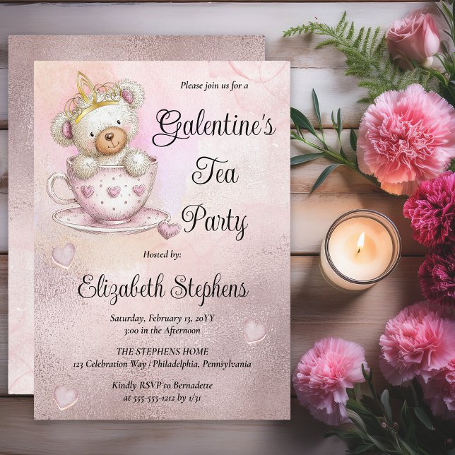 Convites Teddy Bear in a Teacup Galantine's Tea Party (Galentine’s Tea Party Invitation | Cute Teddy Bear Teacup Valentine Party Invite - Print | Digital)