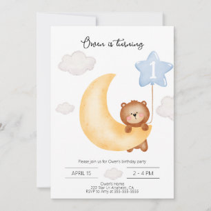 Convites Teddy Bear Moon e Stars Balão Azul Aniversário
