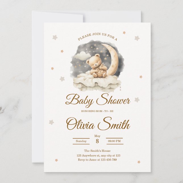 Convites Teddy Bear Moon & Stars Neutral Baby Shower (Frente)