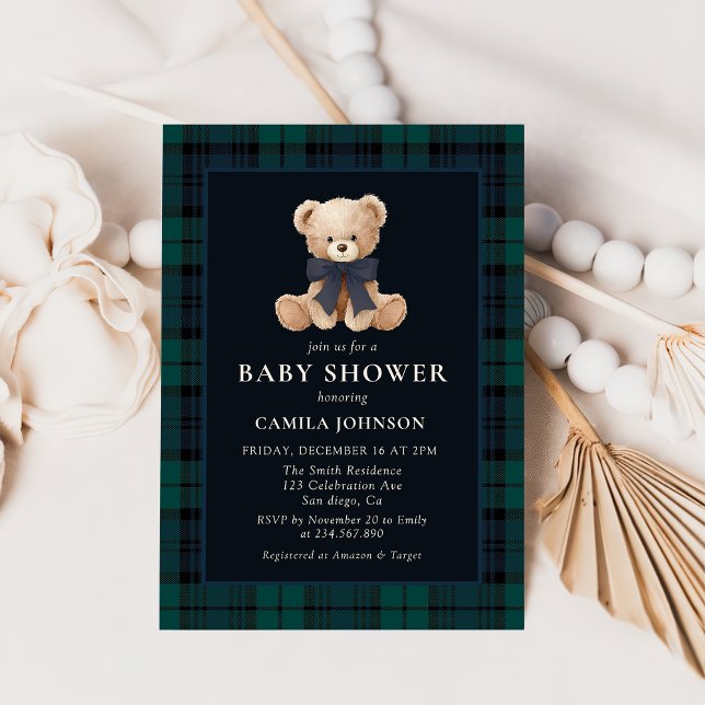 Convites Teddy Bear Navy Plaid Baby Shower Invitation (Criador carregado)