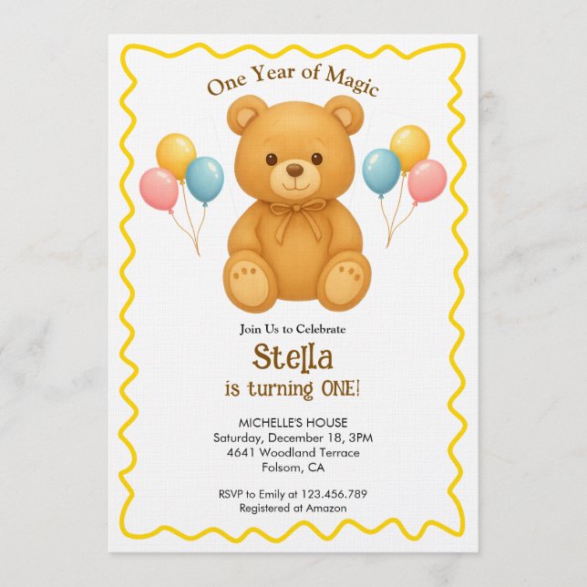 Convites Teddy Bear One Year of Magic First Birthday  (Frente)