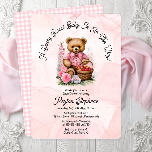 Convites Teddy Bear Picnic Beary Sweet Chá de fraldas ("A Beary Sweet Baby Is On The Way!" Teddy Bear Pink Picnic Girl Baby Shower Invitation Print | Digi)
