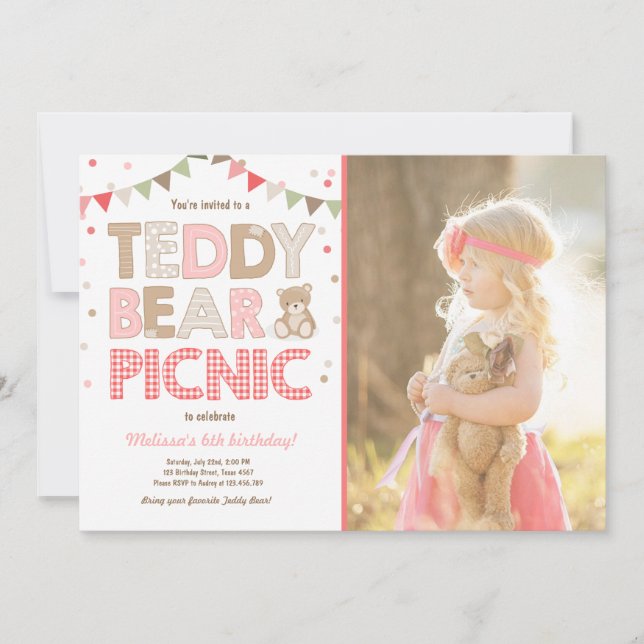 Convites Teddy Bear Picnic Girl Invise Pink (Frente)