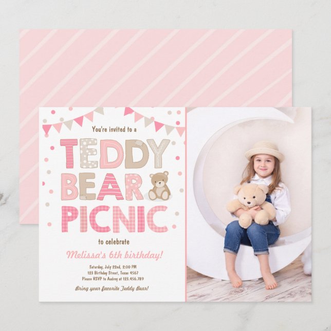 Convites Teddy Bear Picnic Girl Invise Pink (Frente/Verso)