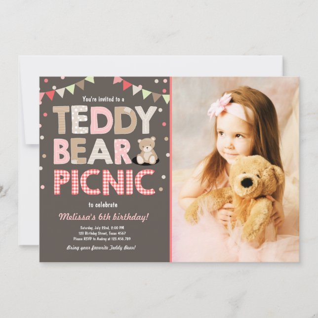 Convites Teddy Bear Picnic Girl Invise Pink (Frente)