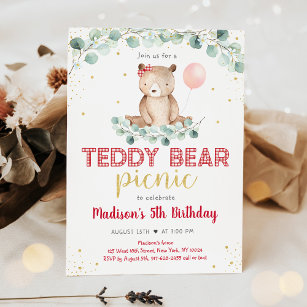 Convites Teddy Bear Picnic Greenery Floral Birthday
