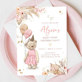 Convites Teddy Bear Picnic Pink Girl First Festa de anivers