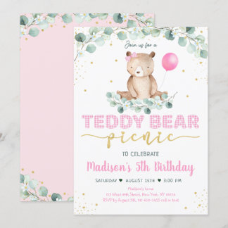 Convites Teddy Bear Picnic Rosa Dourado Verde Aniversário