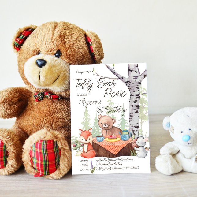 Convites Teddy bear picnic woodlands animals birthday party (Criador carregado)