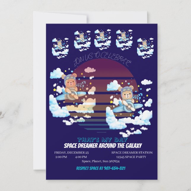 Convites Teddy Bear Pilot Airplane Art (Frente)