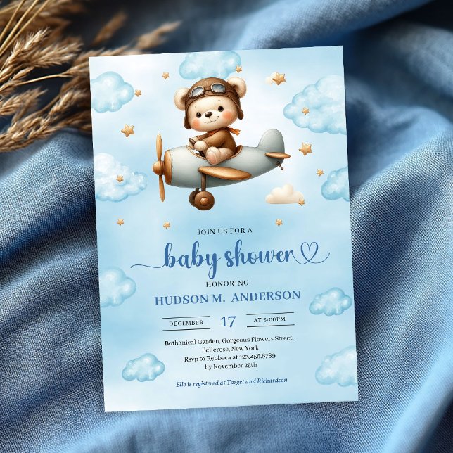 Convites Teddy Bear Piloto Banho de Bebê Menino Clássico Az (Classic Boy Shower Invite Teddy Bear Pilot Blue Brown

)