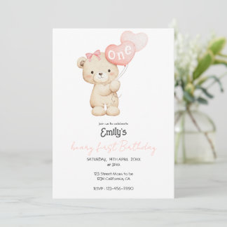Convites Teddy Bear pink 1st Birthday Party for Baby Girl