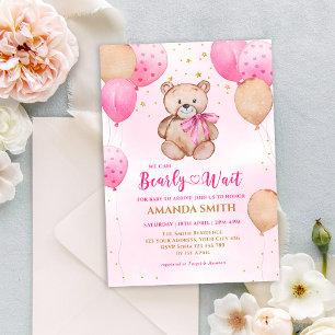 Convites Teddy Bear Pink Balloon Bearly Wait Baby Shower