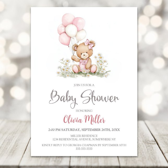 Convites Teddy Bear Pink Balloons Baby Shower Invitation (Criador carregado)