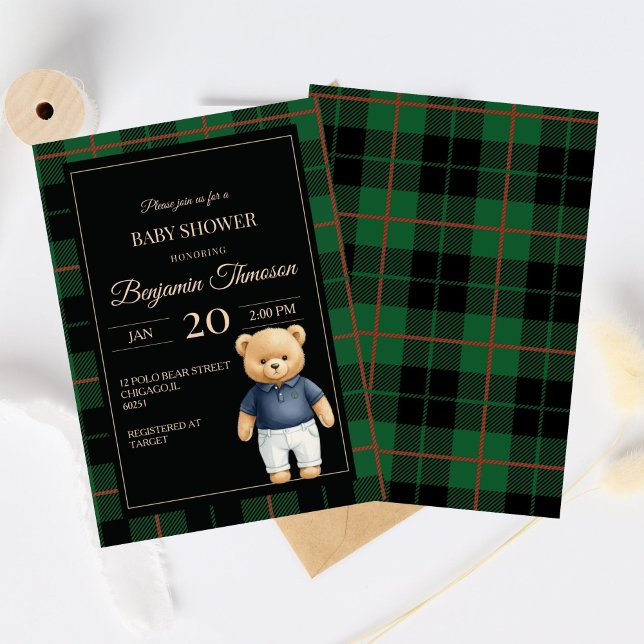 Convites Teddy Bear Polo Clássico Xadrez Préppy Chá de Bebê (Criador carregado)