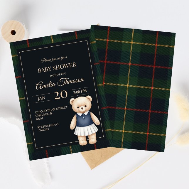 Convites Teddy Bear Polo Clássico Xadrez Préppy Chá de Bebê (Criador carregado)
