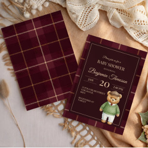 Convites Teddy Bear Polo Clássico Xadrez Préppy Chá de Bebê