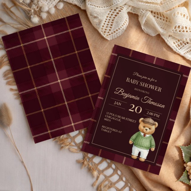 Convites Teddy Bear Polo Clássico Xadrez Préppy Chá de Bebê (Criador carregado)