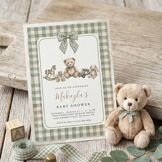 Convites Teddy Bear Sage Green Gingham Bow Baby Shower (Criador carregado)