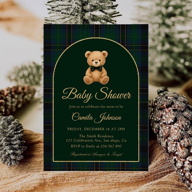 Convites Teddy Bear Tartan Preppy Baby Shower Invitation (Criador carregado)