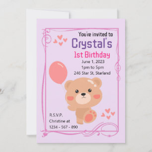 Convites Teddy Bear Theme Girl's primeiro aniversario Party