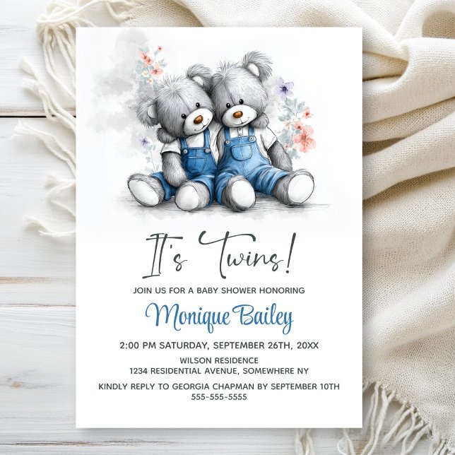 Convites Teddy Bear Twins Baby Shower (Criador carregado)