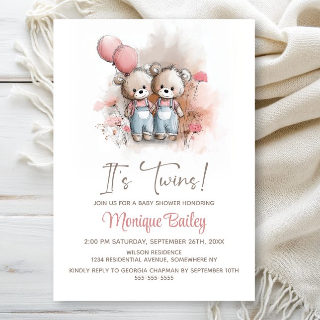 Convites Teddy Bear Twins Baby Shower (Criador carregado)
