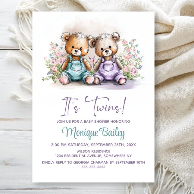 Convites Teddy Bear Twins Baby Shower (Criador carregado)