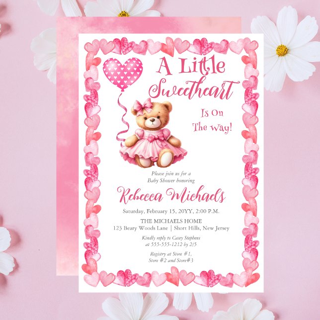 Convites Teddy Bear Um Pequeno Chá de fraldas De Garota Doc (Pink Hearts | Teddy Bear "A Little Sweetheart Is On The Way" Girl Baby Shower Invitation)
