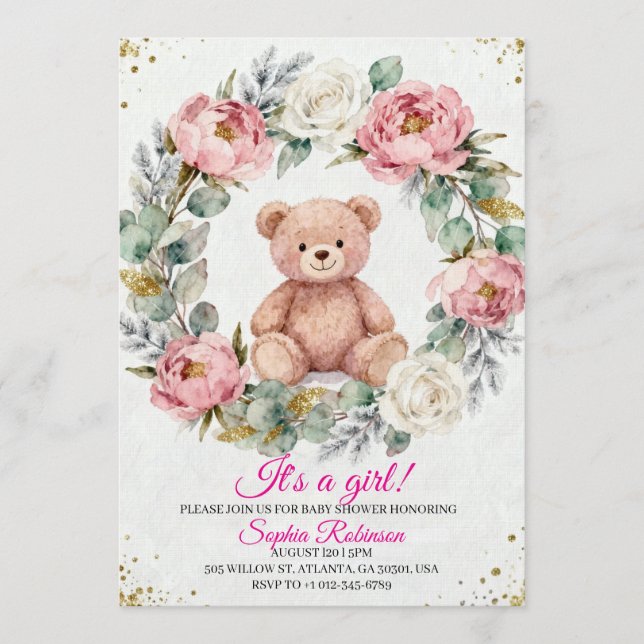 Convites Teddy Bear Watercolor  Baby Shower Invitation (Frente)