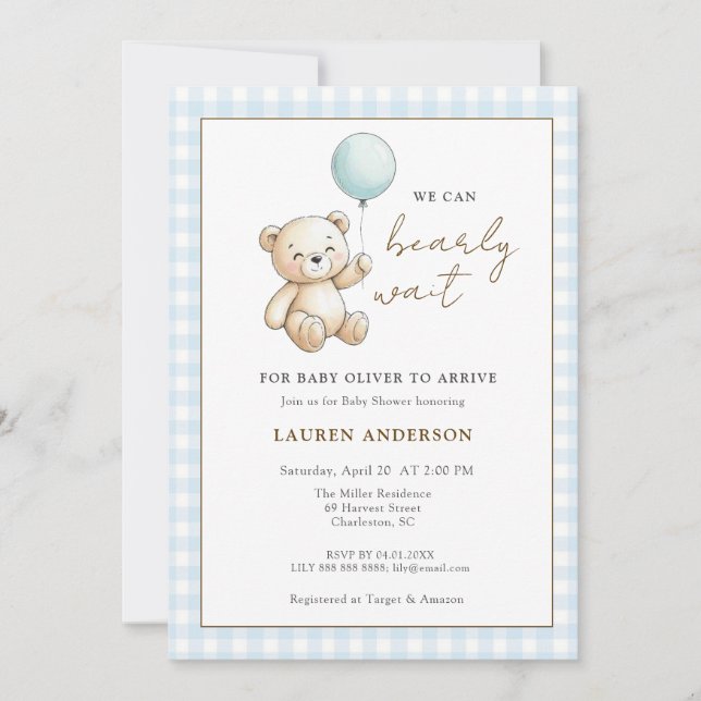Convites Teddy Bear We can Bearly wait Boy Baby shower (Frente)