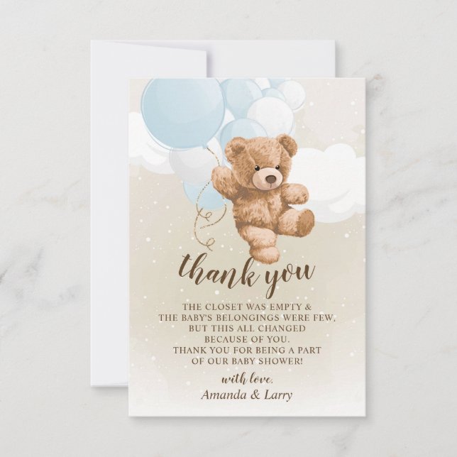Convites Teddy Bear with Blue Balloons Thank You Card (Frente)