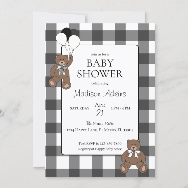 Convites Teddy Bears Black Buffalo Check Baby Shower (Frente)