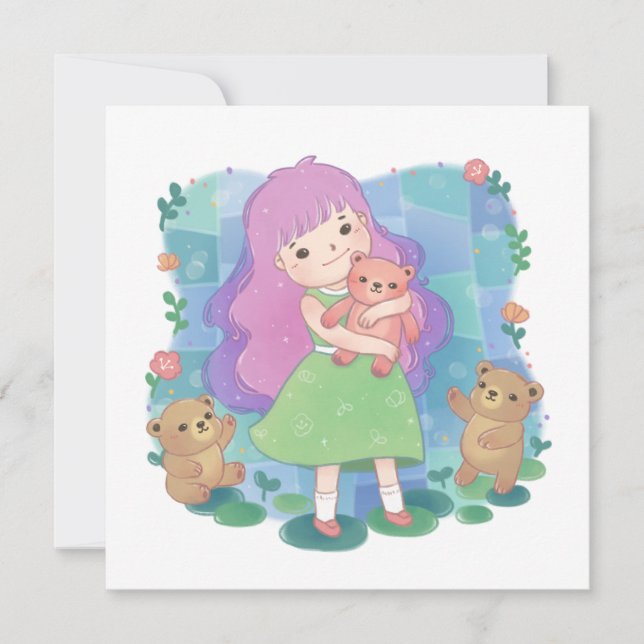 Convites Teddy Bears & Girl Illustration (Frente)