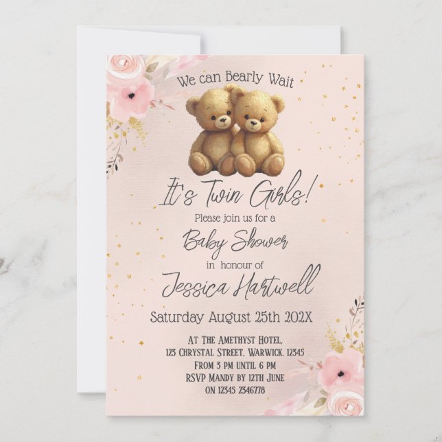 Convites Teddy Bears Twin Girls Baby Shower Invitation (Frente)