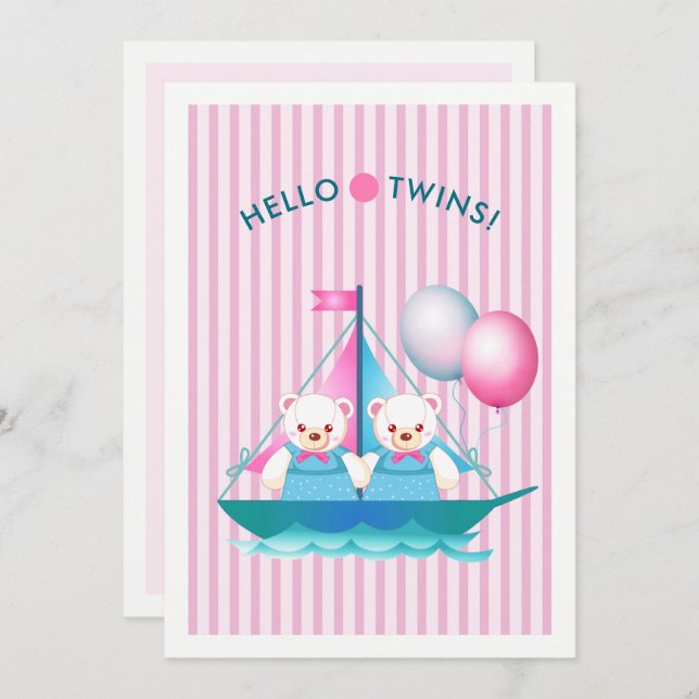 Convites Teddy Bears Twin Girls Chá de fraldas (Frente/Verso)