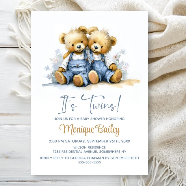 Convites Teddy Bears Twins Baby Shower (Criador carregado)
