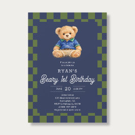 Convites Teddy Beary 1st Birthday Checkboard Blue Green