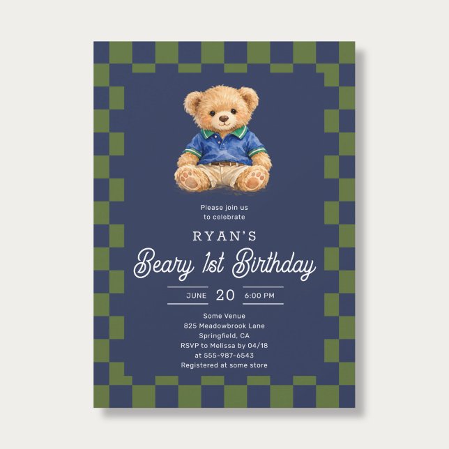 Convites Teddy Beary 1st Birthday Checkboard Blue Green (Criador carregado)