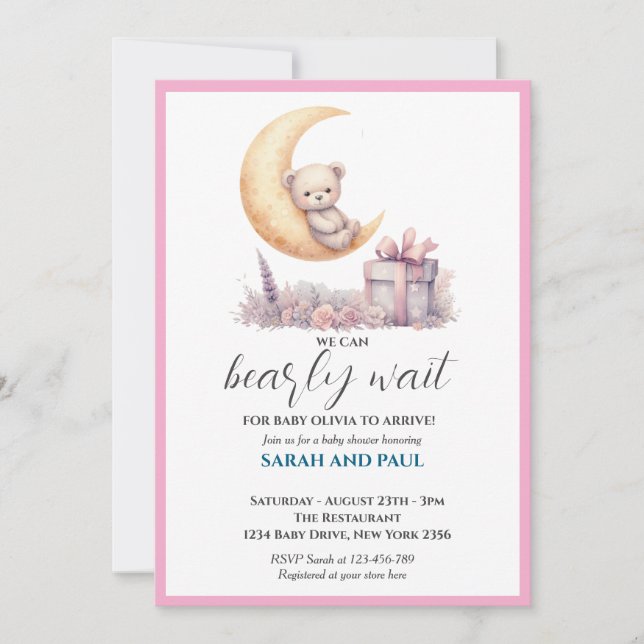 Convites Teddy Pink Bear We Can Bearly Wait  (Frente)