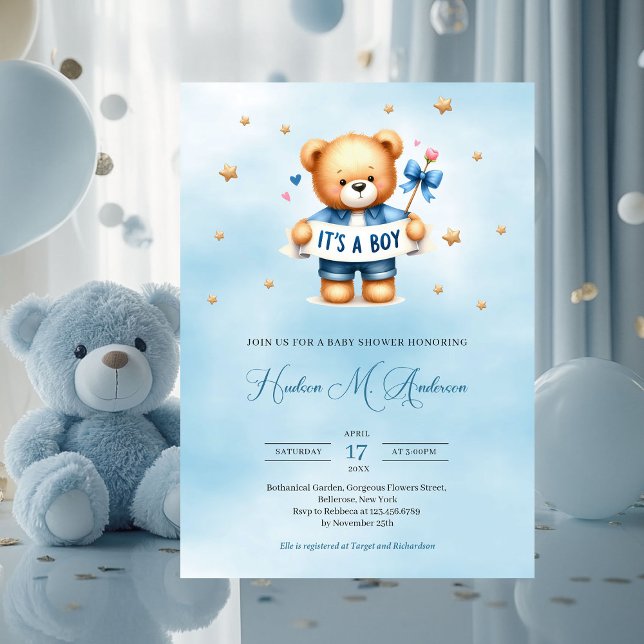 Convites Teddy Urso Trendy, é um chá de fraldas de menino (it's a boy cute teddy bear baby shower invitation)