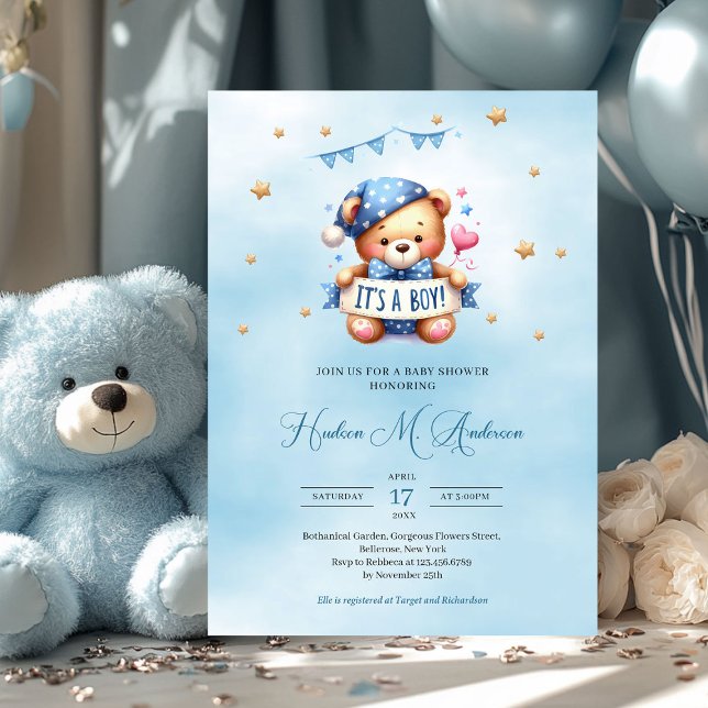 Convites Teddy Urso Trendy, é um chá de fraldas de menino (cute teddy bear holding ribbon it's a boy baby shower invitation)