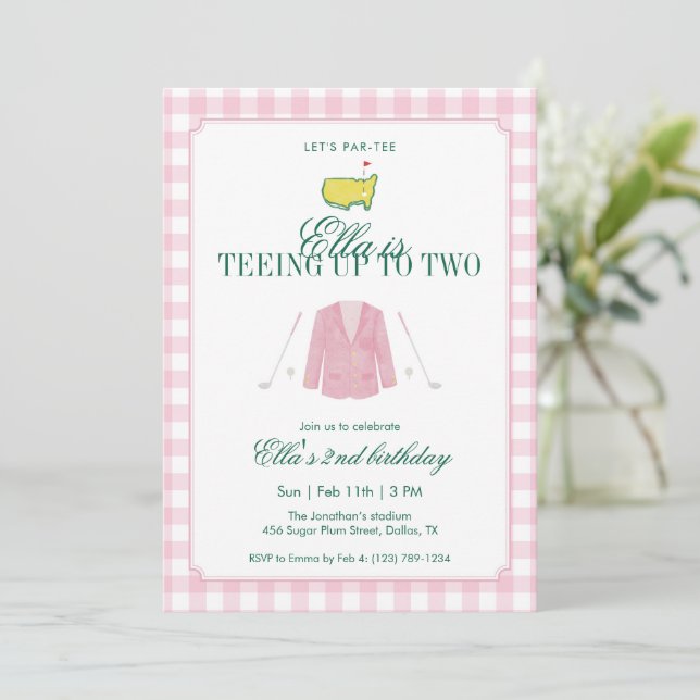 Convites Teeing Up To Two Golf 2nd Birthday Pink Gingham (Em pé/Frente)